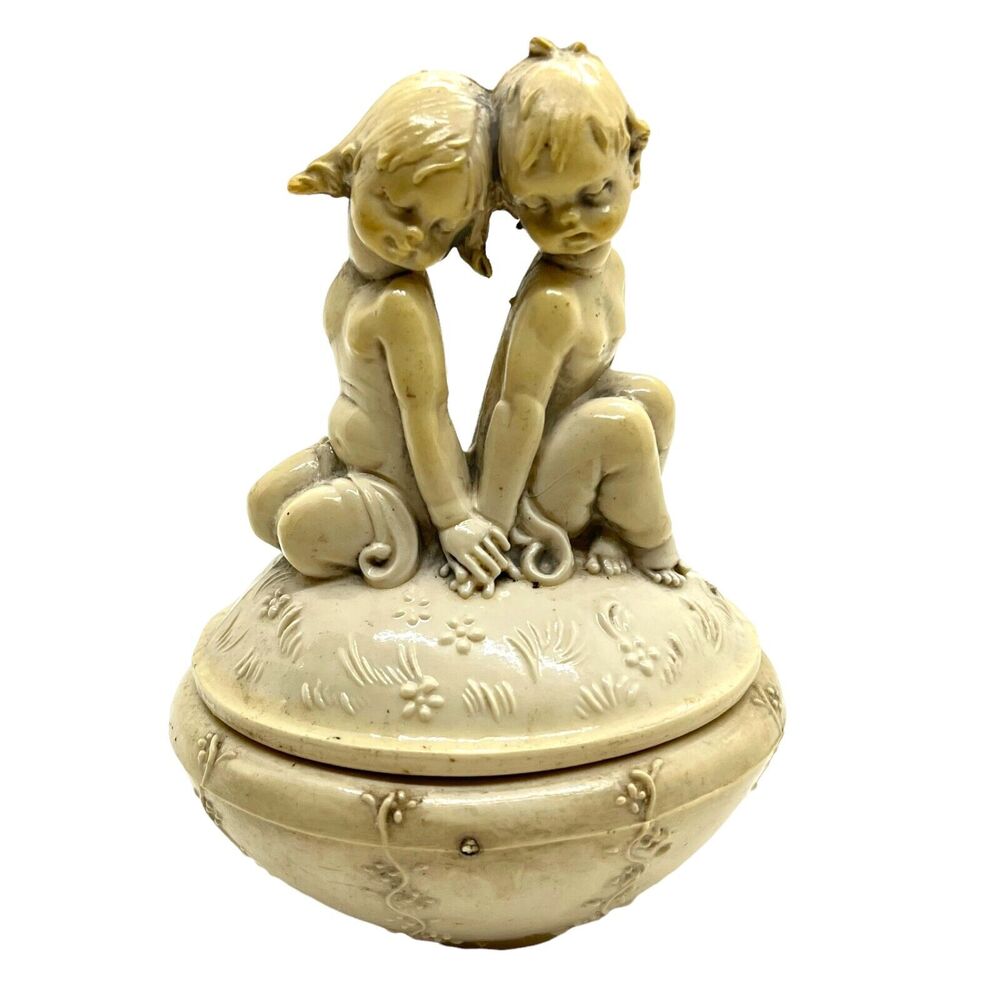 Depose Trinket Box Beige Cream Girl & Boy Cherub Decorative With Lid Vintage